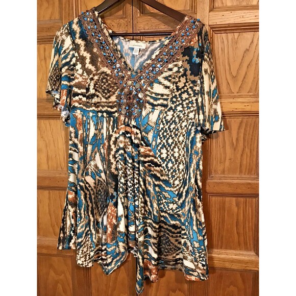 Dress Barn Turquoise Beaded Boho Asymetric Hem Tunic Women's 18/20 Stretch Top - Picture 2 of 11
